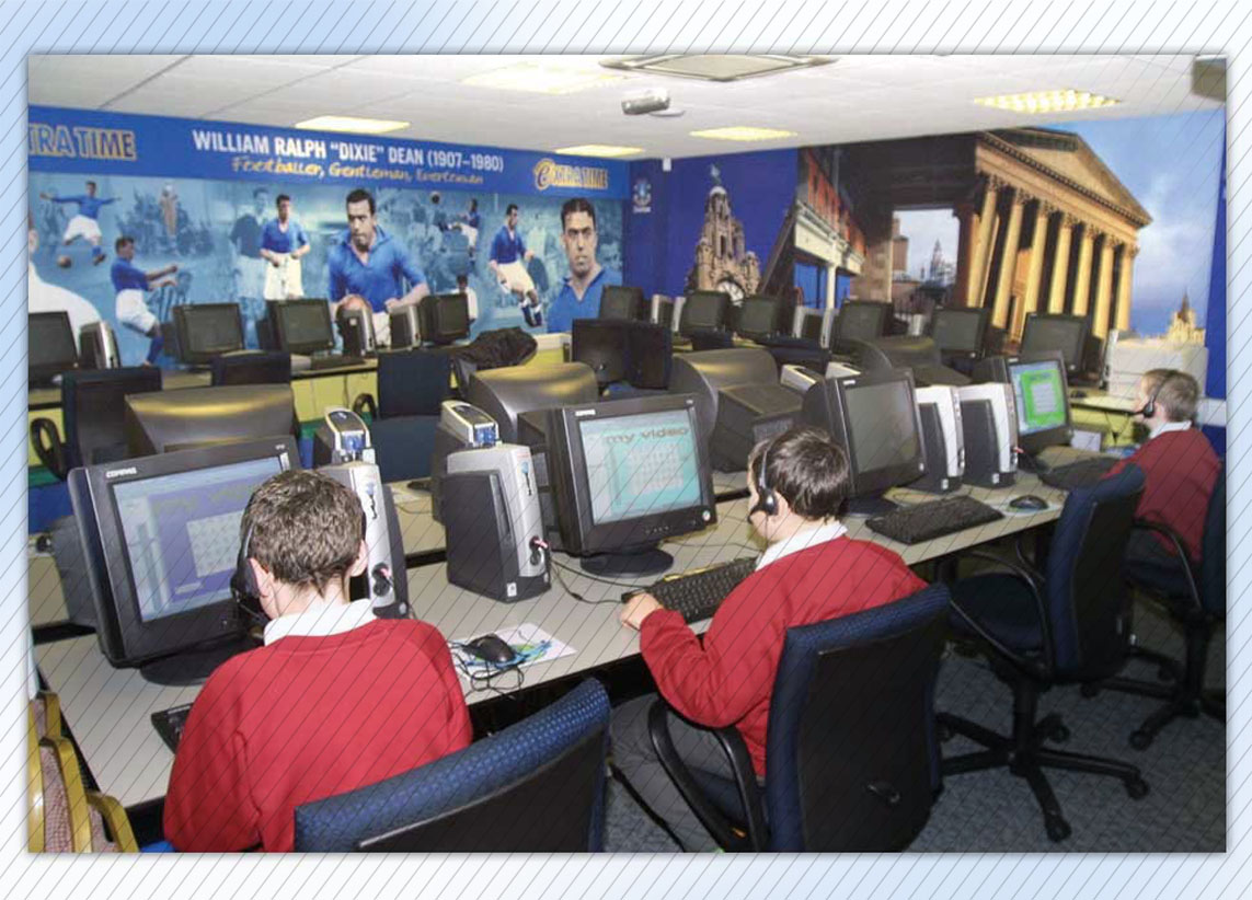 Everton FC Study Support Centre 'Extra Time' - classroom graphics focusing on Dixie Dean showing students using the facilities